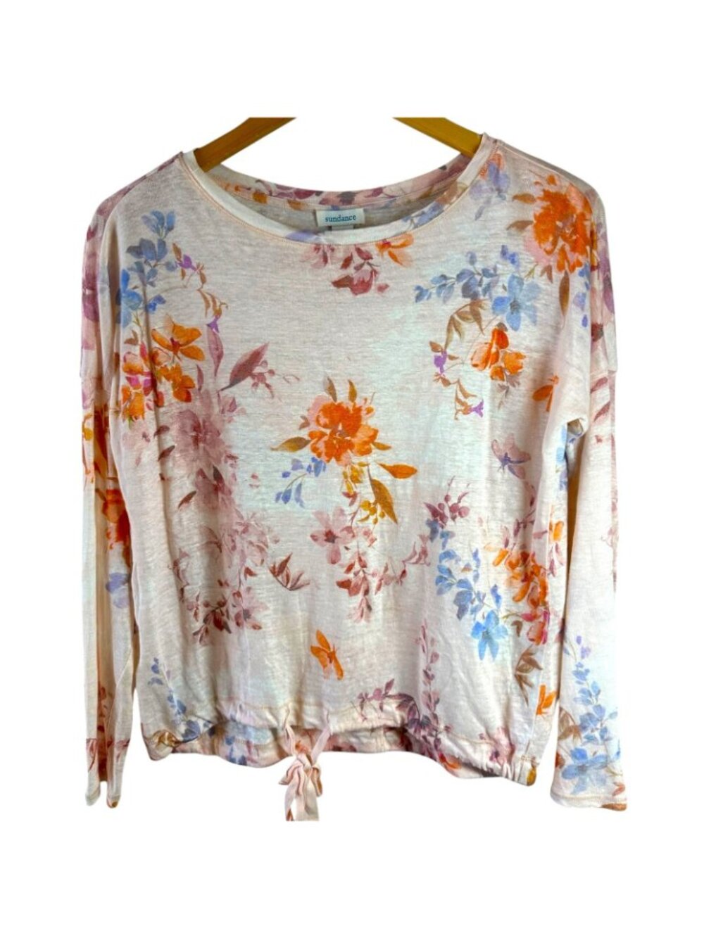 Sundance Pale Pink Floral Linen Knit Top XS Drawstring Hem Lightweight Sweater - Picture 2 of 5